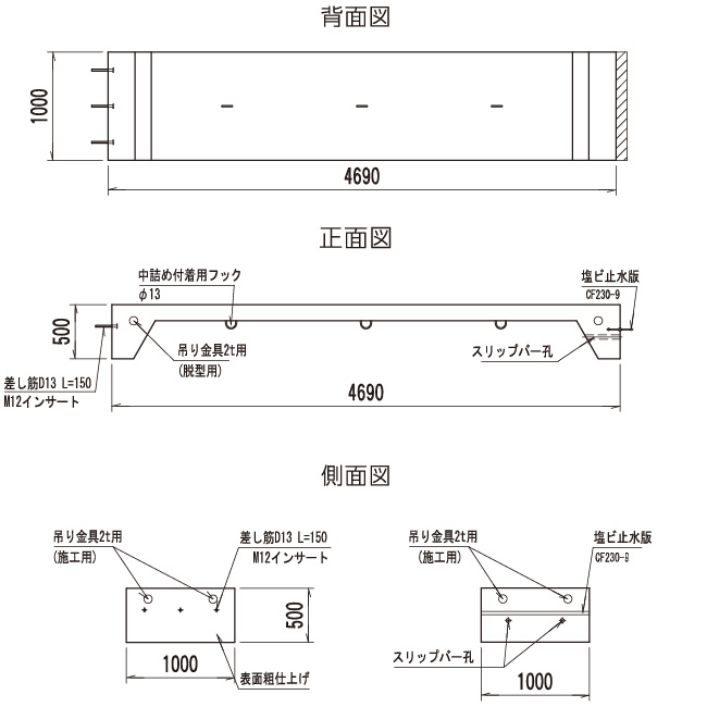 プレキャスト被覆工 H500 製品図面